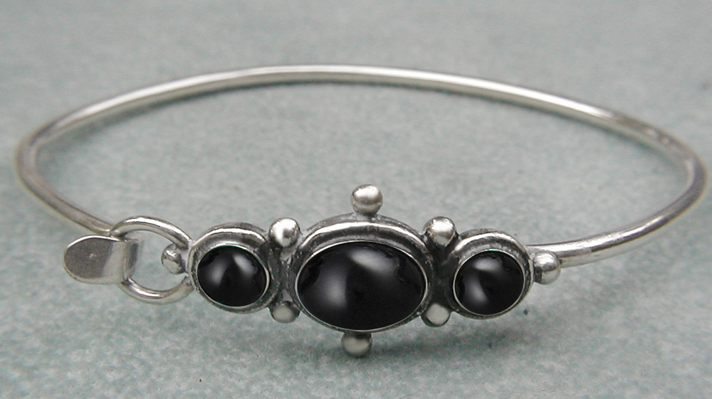 Sterling Silver Victorian Inspired Strap Latch Spring Hook Bangle Bracelet with Black Onyx